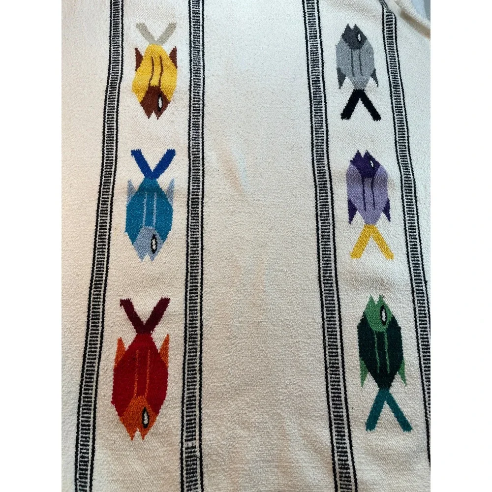 Vintage Mexican/Native Wool Fish Rug Wall /Hanging Folk Coastal Tapestry 80x42